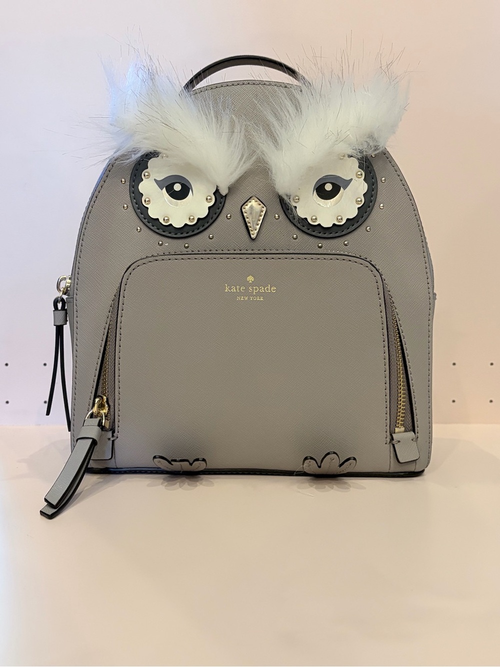 kate spade gray owl backpack with white feather trim NWT